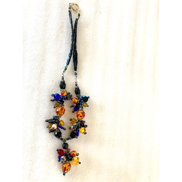 Amber Cobalt AB Black Faceted Star Art Necklace Cluster Beads 17" Gorgeous - Picture 5 of 7